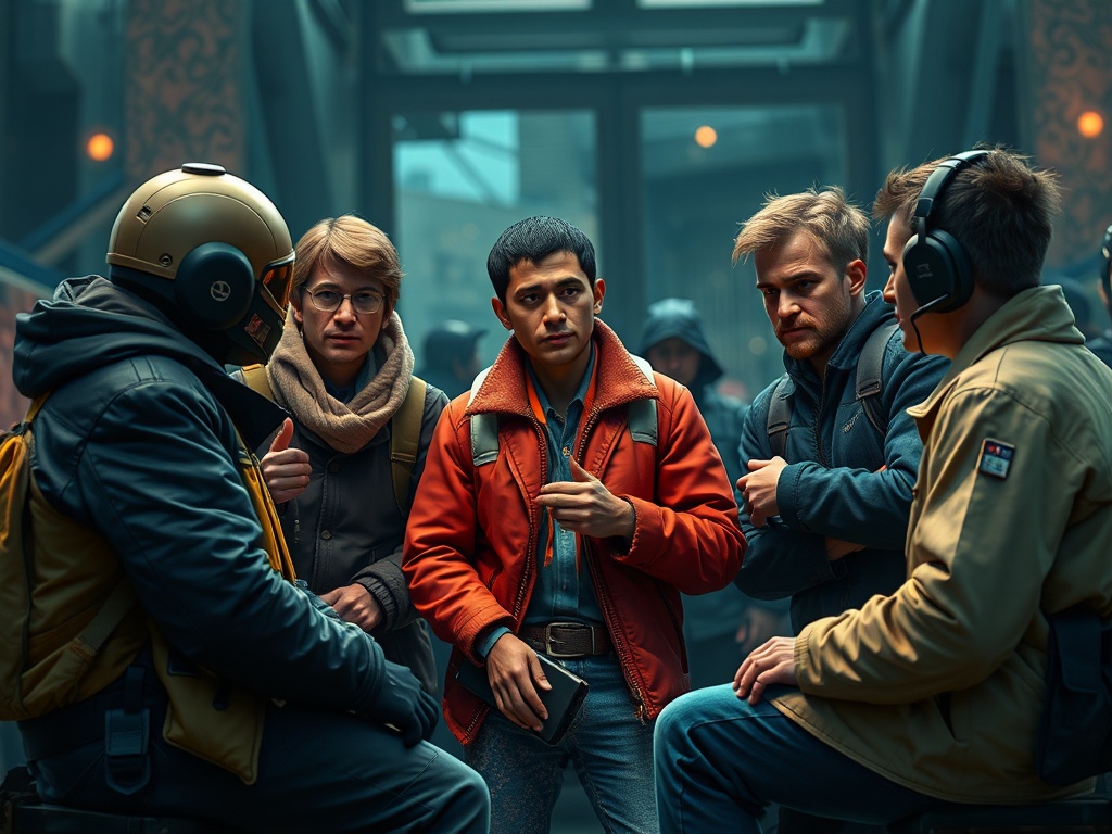 Группа молодых людей в необычных костюмах обсуждает что-то важное в современном urban-пространстве.