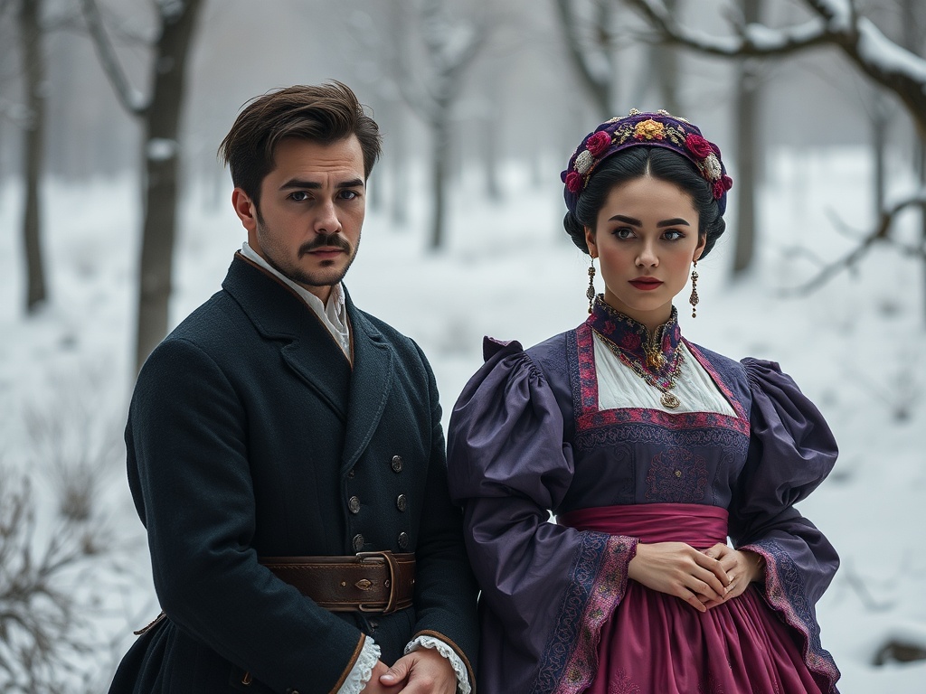 На снимке молодая пара в исторической одежде на фоне зимнего пейзажа с деревьями.