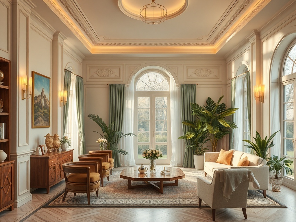 Современная гостиная с большими окнами, зелеными растениями и уютной мебелью в светлых тонах.