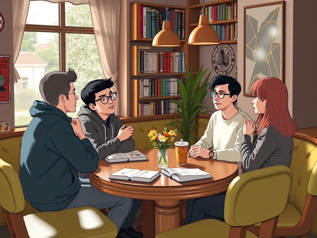 Четыре человека сидят за круглым столом в библиотеке и обсуждают что-то, окружённые книгами и растениями.