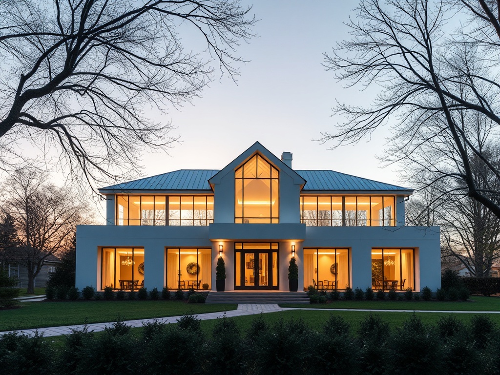 Современный дом с большими окнами, освещённый в вечернее время, окружённый деревьями и зелёным ландшафтом.