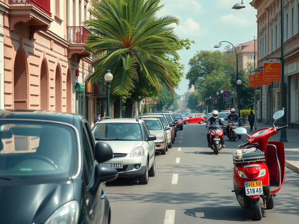 На улице стоят автомобили, видна пальма и несколько мотоциклов, а также здания с магазинами.