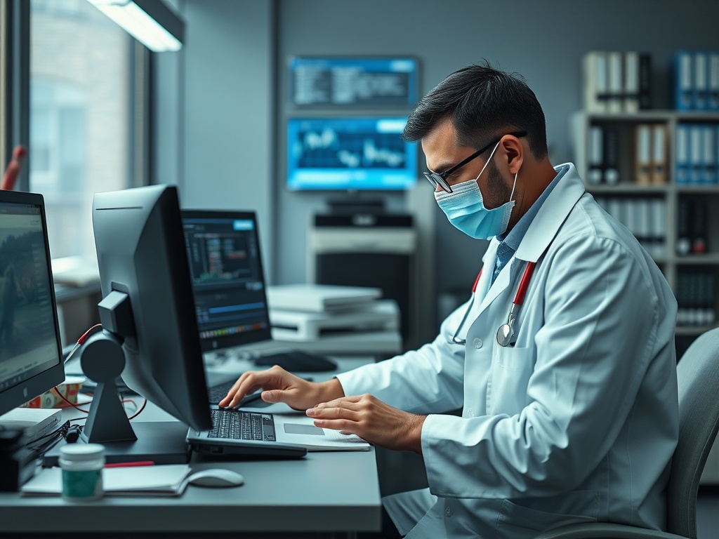 Медицинский работник в маске работает за компьютером в офисе с графиками и данными.