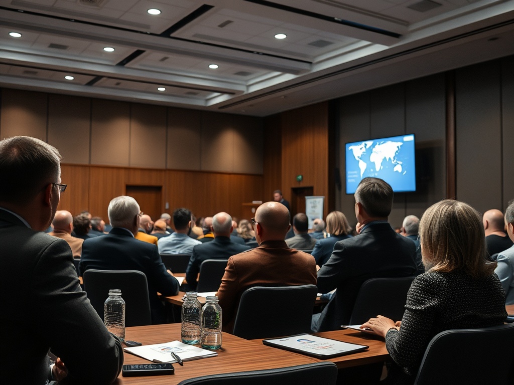 Зал для конференции с участниками, слушающими докладчика на сцене. На экране карта мира.