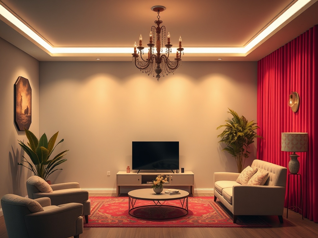 Современная гостиная с телевизором, люстрой, мягкой мебелью и растением на фоне красной шторы.