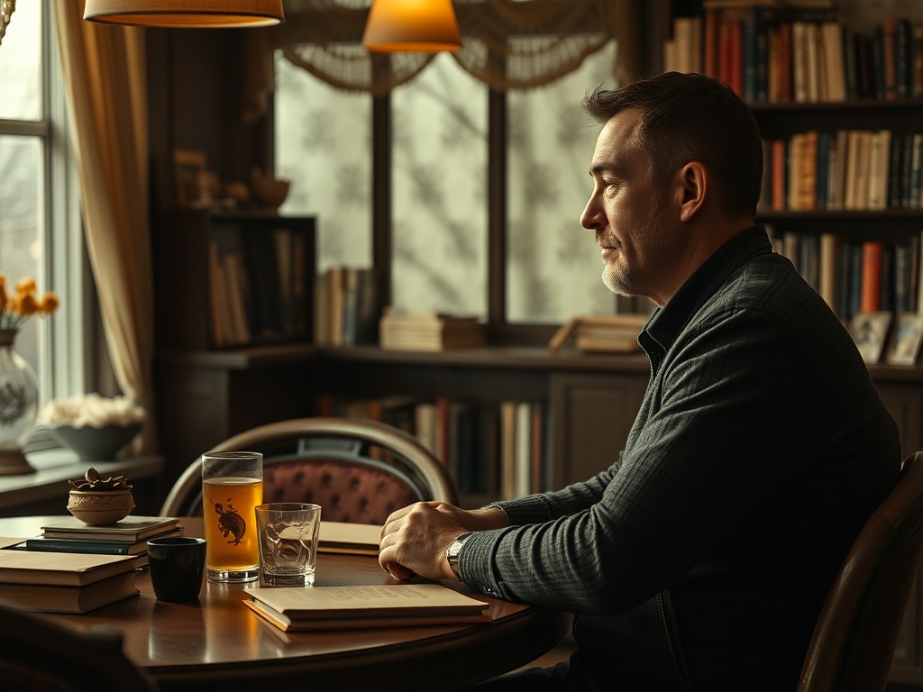 Человек в комнате с книгами сидит за столом с напитками, освещенный мягким светом.