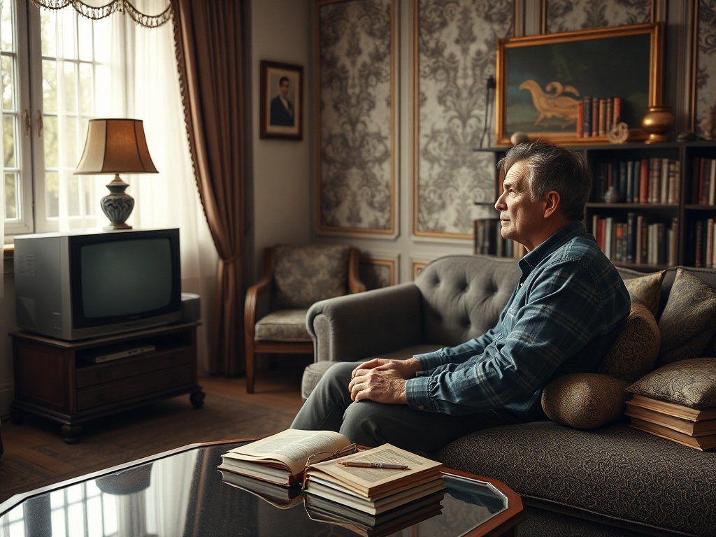 На изображении мужчина сидит на диване, задумчиво смотря в окно. В комнате книги и телевизор.