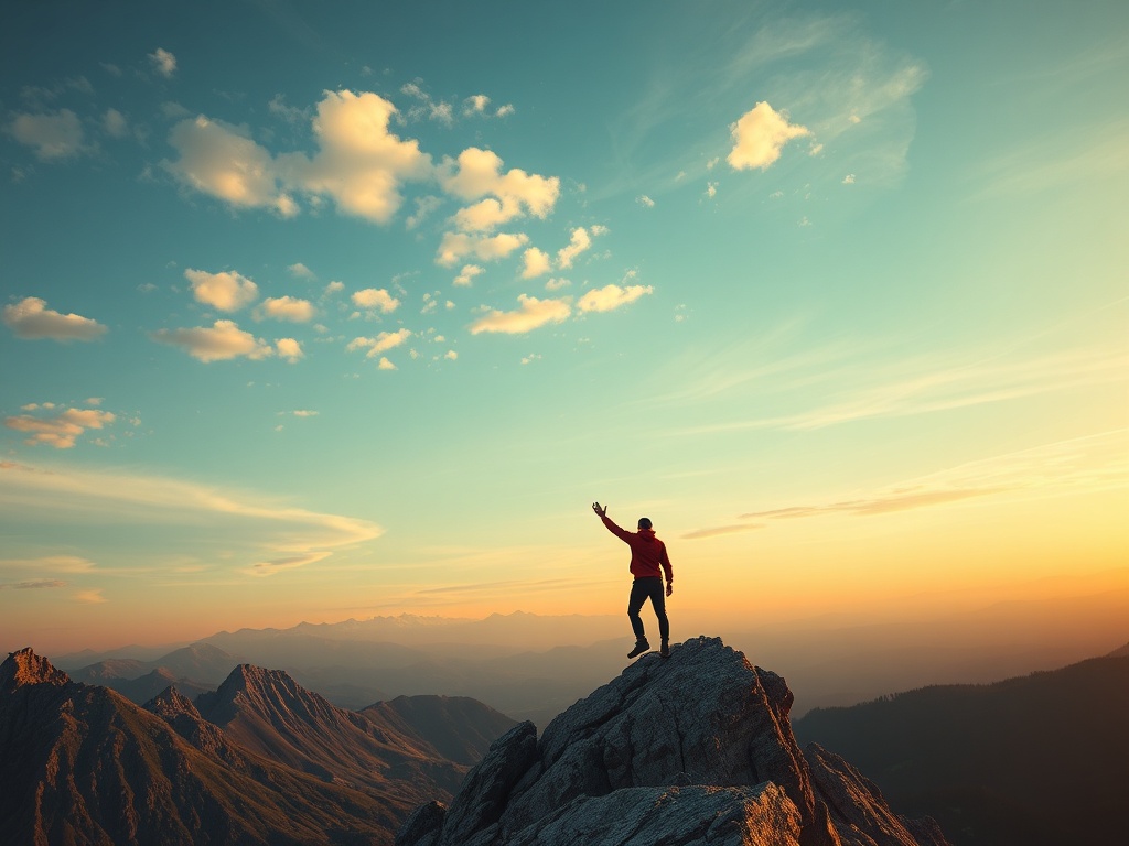 Человек стоит на вершине горы и приветствует рассвет, вокруг живописные горные пейзажи и яркое небо.
