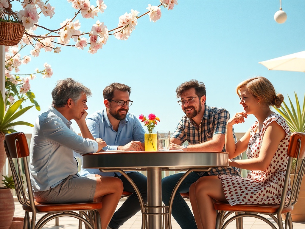 Четыре друга обсуждают что-то за столом на открытой террасе, окруженной цветами и зеленью.