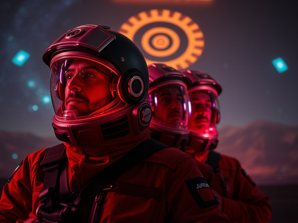 На изображении три астронавта в скафандрах, стоящие перед экраном со световыми эффектами.