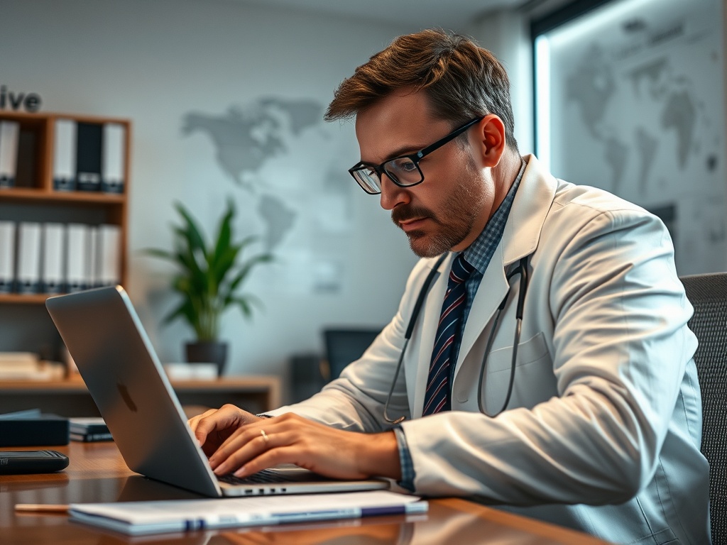 Мужчина в белом халате работает за ноутбуком в офисе с растением на фоне.