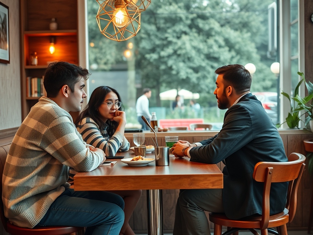 Трое людей сидят в кафе, обсуждая что-то важное за столом у окна. Снаружи виден зеленый парк.