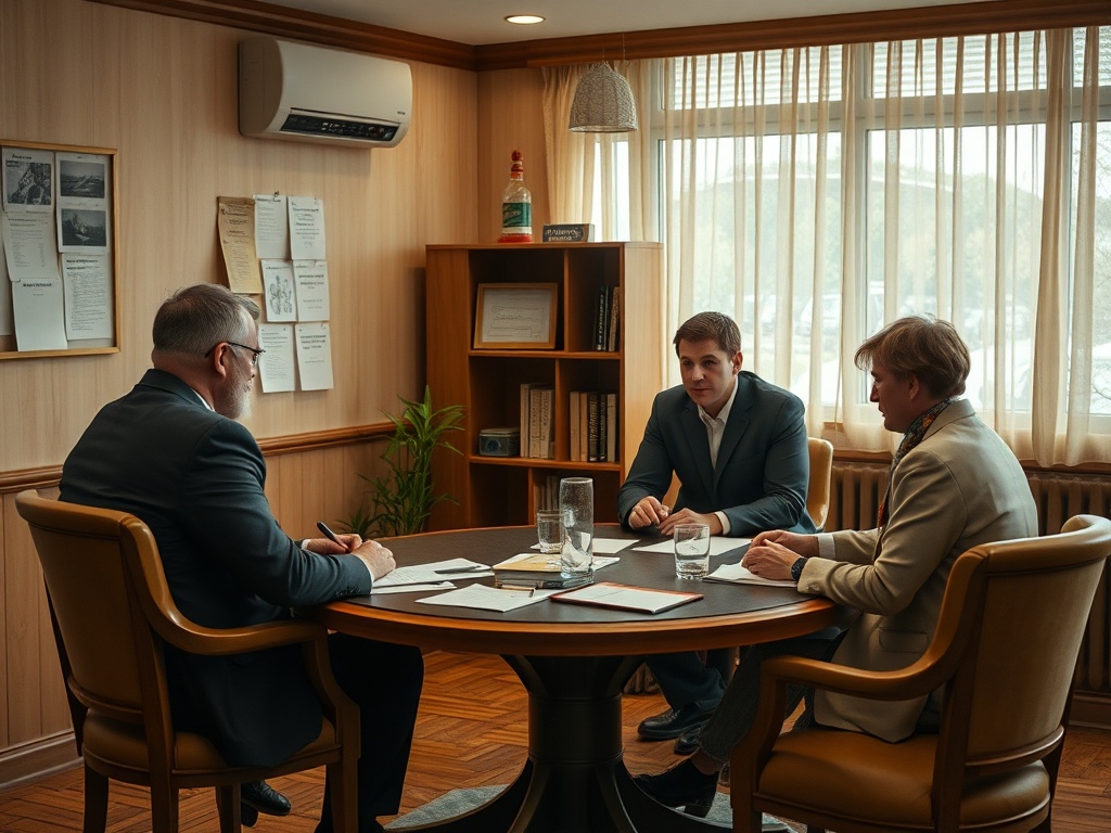 Три человека обсуждают что-то за круглым столом в офисе с книжными полками и окнами.