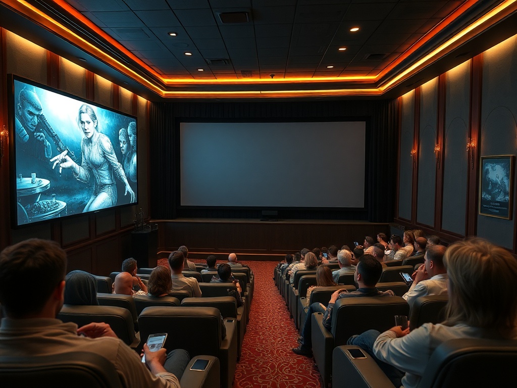 В уютном кинотеатре группа людей смотрит фильм с ярким изображением на большом экране.
