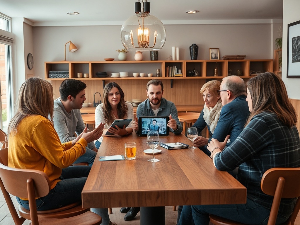 В уютной комнате группа людей обсуждает что-то, используя планшеты и представленный видеозвонок.