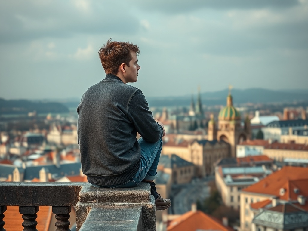 Молодой человек сидит на краю обрыва, смотря на город с красными крышами и историческими зданиями вдали.
