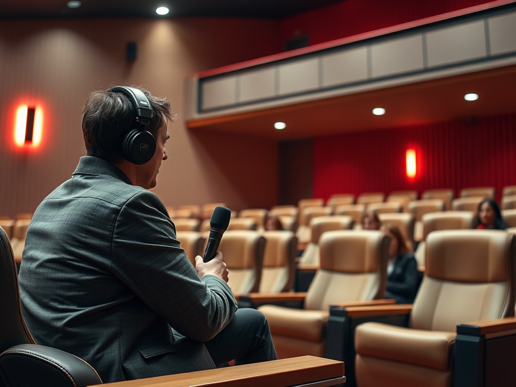 Мужчина в наушниках говорит в микрофон в кинотеатре, в зале сидят зрители.