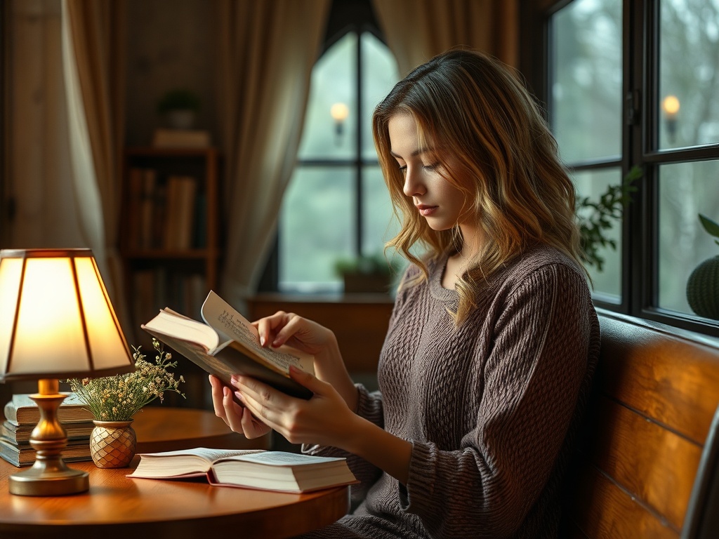 Молодая женщина читает книгу на фоне уютного интерьера с лампой и растениями на столе.