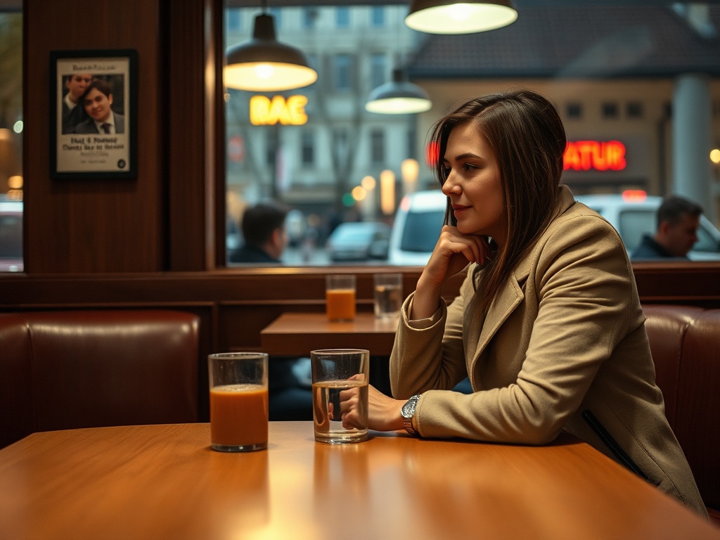 Женщина в светлом пальто сидит за столиком в кафе, задумчиво смотрит в сторону. На столе напитки.