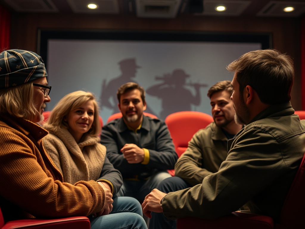 Группа друзей сидит в кинотеатре, обсуждая фильм на фоне проекции на экране.