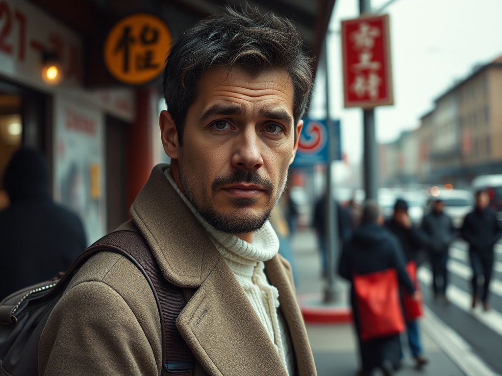 На улице стоит молодой человек в пальто, смотрящий в камеру на фоне городского пейзажа.