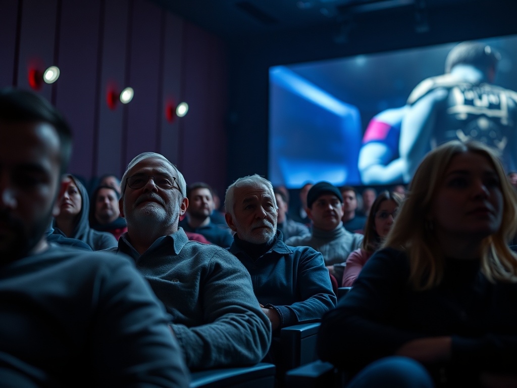 Зрители в кинотеатре с интересом наблюдают за показом на большом экране.