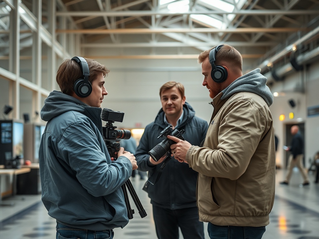 Трое мужчин в наушниках обсуждают видеоаппаратуру в современном здании с большими окнами.