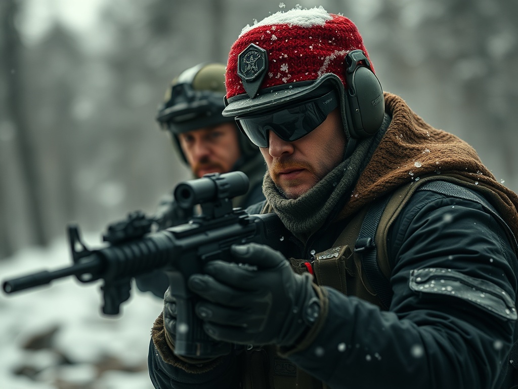 Два военнослужащих в зимней одежде с оружием на фоне снежного леса, один из них в красной шапке.