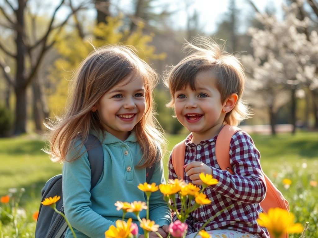 Две девочки улыбаются, сидя среди цветов на солнечном зеленом газоне в парке.