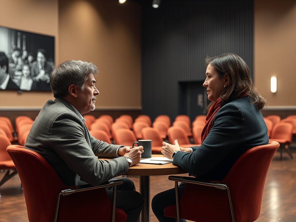 Два человека беседуют за столом в зале, люди сидят на оранжевых креслах в фоне.