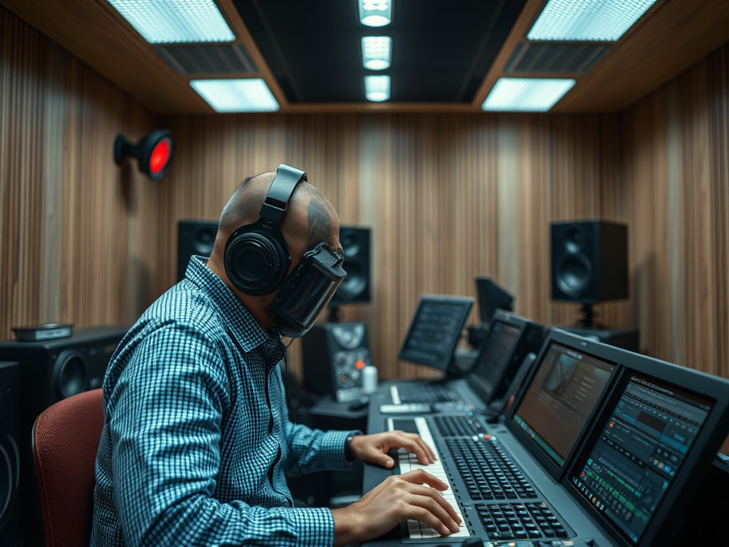 Человек в наушниках работает за звуковой системой в студии звукозаписи. Современные технологии и оборудование.