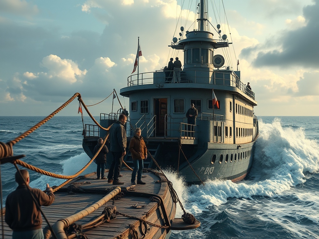 На фотография изображены моряки на судне, борющемся с морскими волнами под облачным небом.