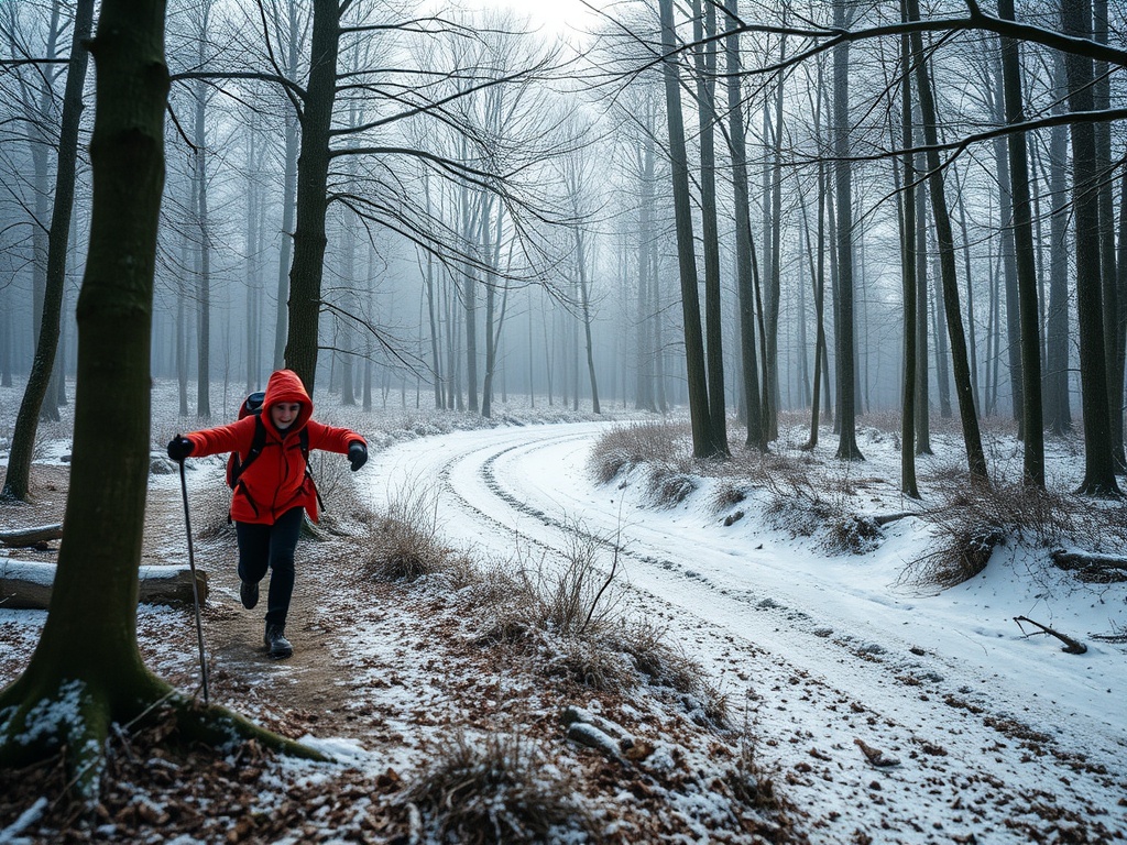 На снежной тропинке в лесу человек в красной куртке поднимается к верху, окружённый зимним пейзажем.