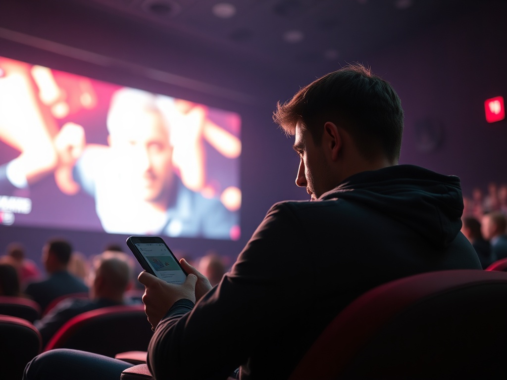 Молодой человек в темном худи сидит в кинотеатре и держит телефон, обращая внимание на экран.