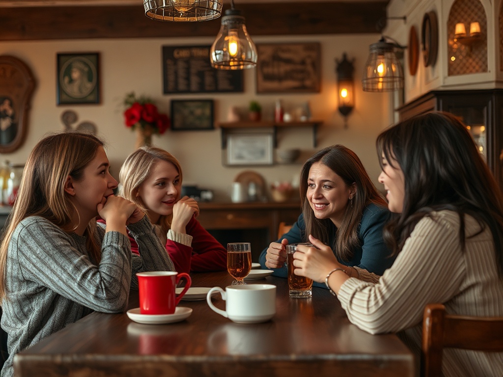 Четыре подруги беседуют за столом в уютном кафе, наслаждаясь напитками и общением.