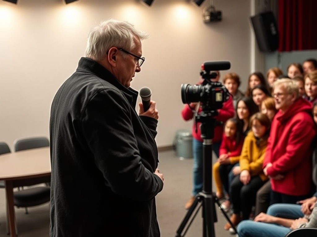 Мужчина с микрофоном выступает перед аудиторией. За ним стоит камера, зрители слушают с интересом.