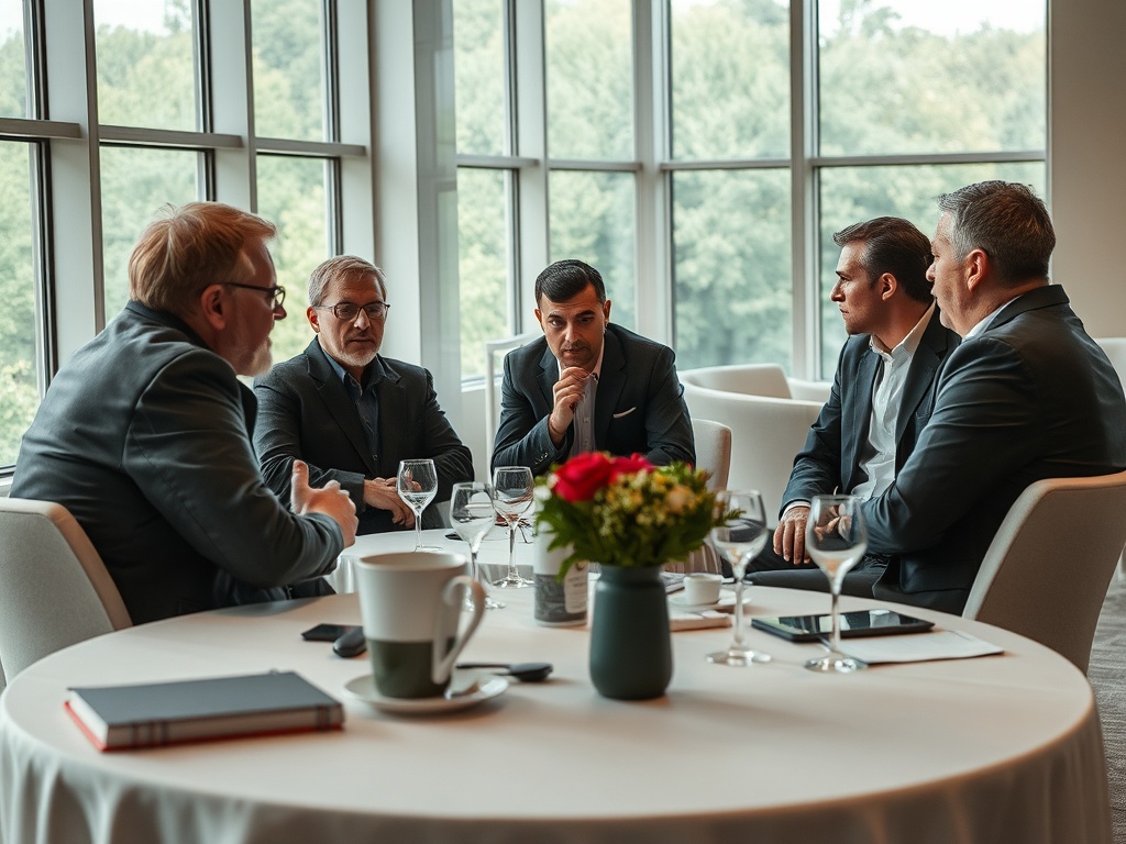 Группа бизнесменов в деловой встрече за столом с напитками и цветами на столе. Светлое помещение с окнами.