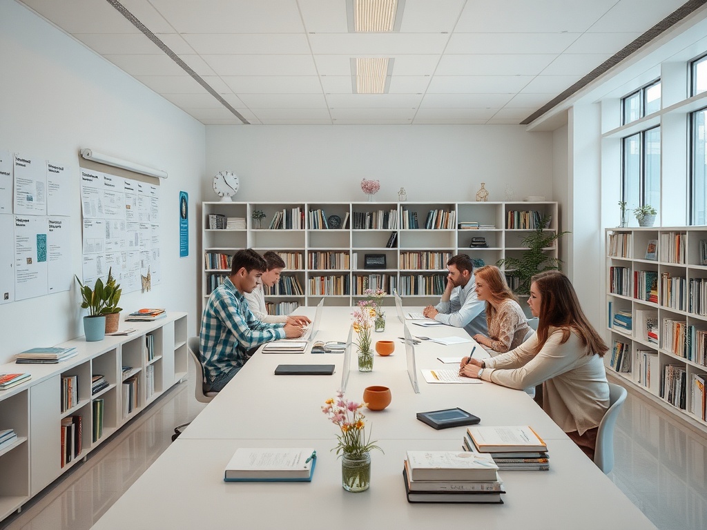 Группа людей на собрании в офисе, обсуждающих идеи за длинным столом с книгами и растениями.