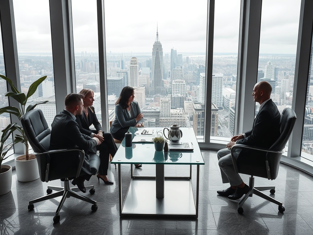 Четыре человека в офисе с панорамным видом на город обсуждают важный вопрос за столом.