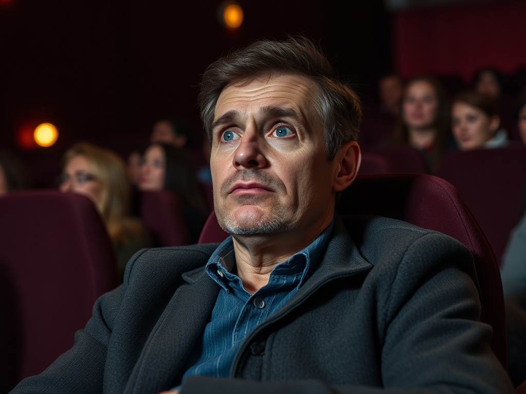Посетитель кинотеатра внимательно смотрит на экран, вокруг него сидят другие зрители.