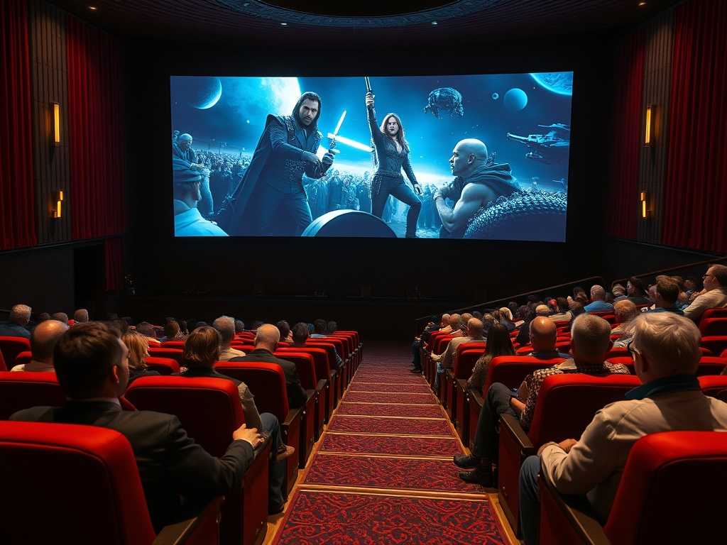 Зал кинотеатра, зрители смотрят на экран с фантастическим фильмом о космосе и героях.