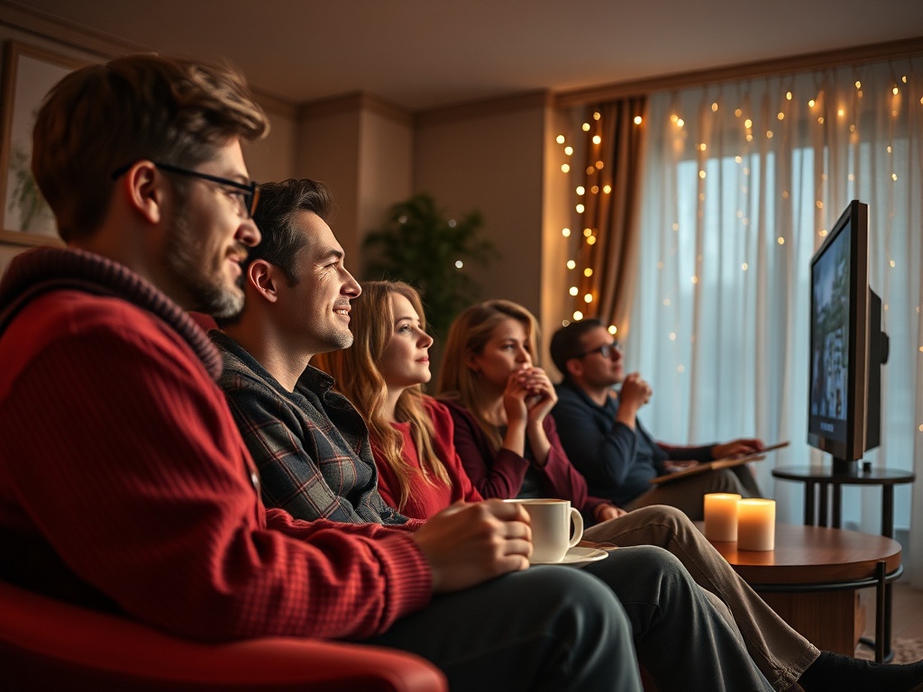 Группа друзей смотрит телевизор в уютной обстановке с свечами и огоньками в комнате.