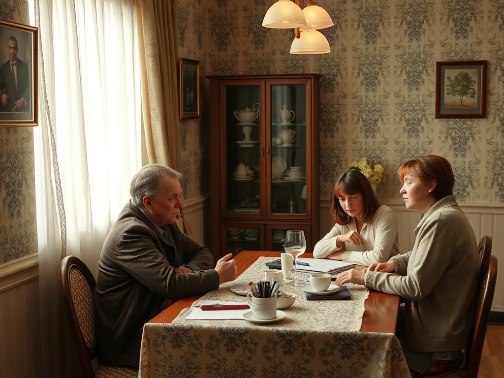 Трое людей беседуют за столом в уютной комнате. На столе чашки и документы, атмосфера спокойная.