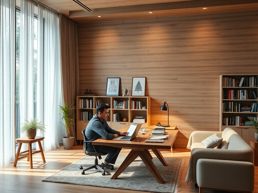 Мужчина сидит за столом в уютном офисе, работая на компьютере среди книг и растений.