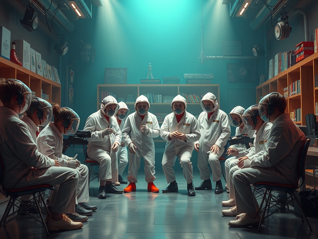 Группа людей в белых защитных костюмах и масках собирается в комнате, окружённой книгами и инструментами.
