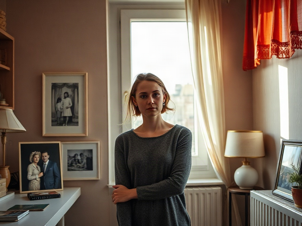 На фотографии молодая женщина стоит у окна в интерьере, окруженном старыми фотографиями и уютными деталями.