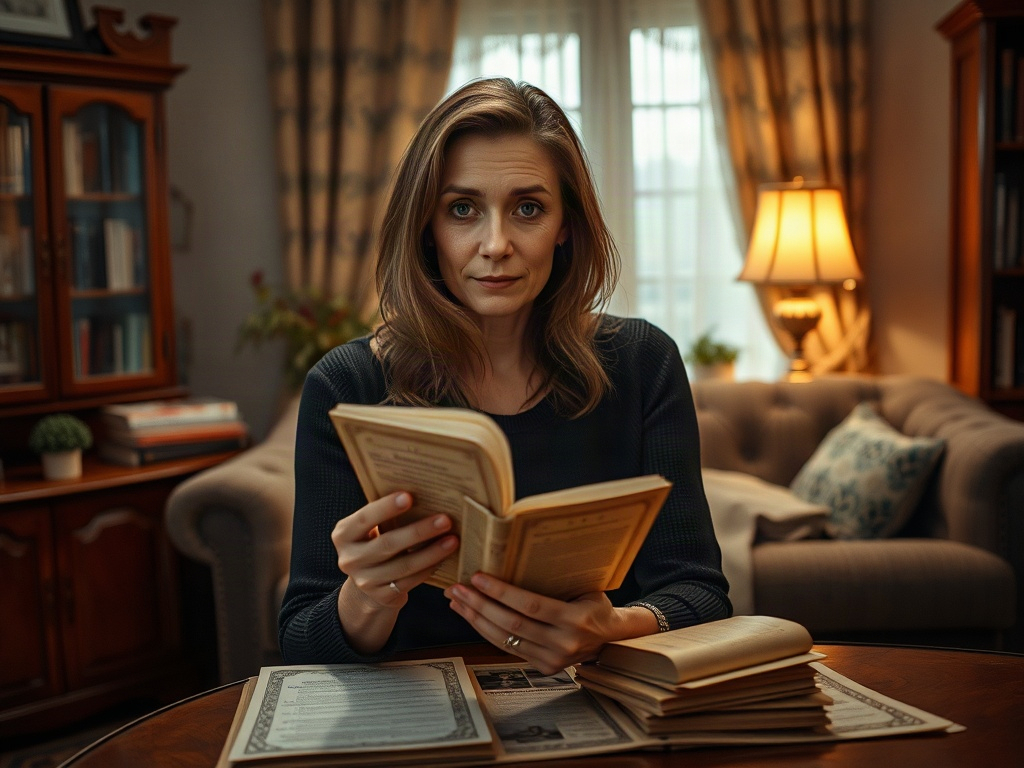 Женщина читает книгу в уютной комнате, окруженной книгами и мягкой мебелью. Она выглядит задумчивой.