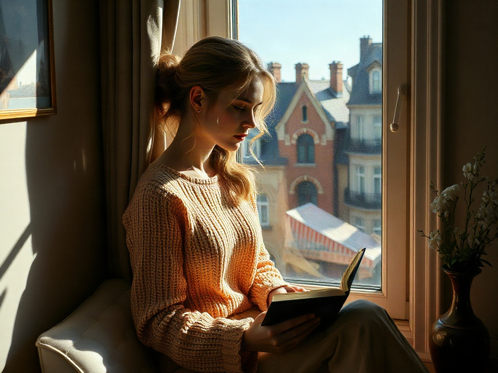 Девушка в уютном свитере читает книгу у окна, за которым видны красивые дома и солнечный день.